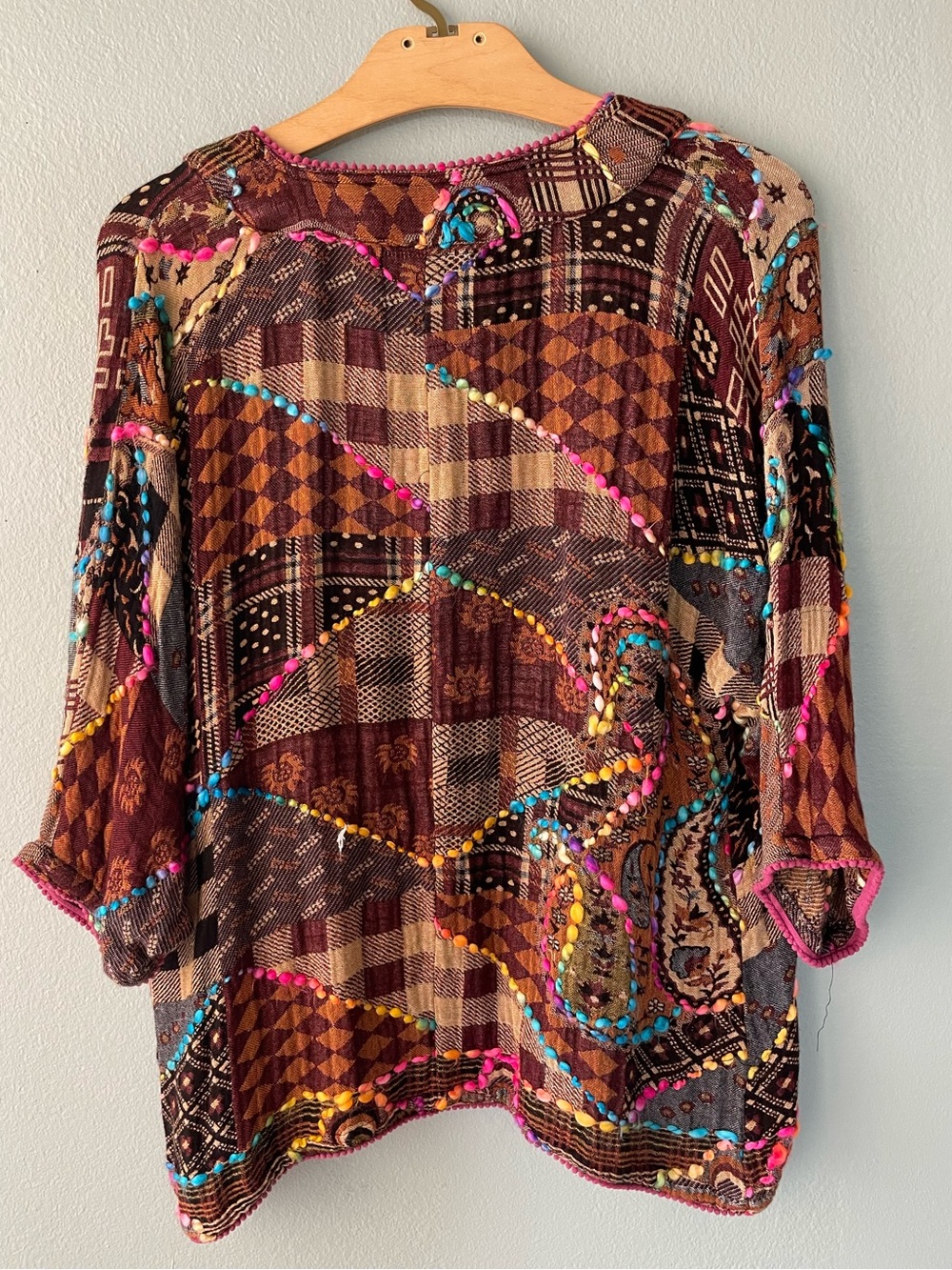 John Mark | Brown Patchwork Open Kimono Cardigan Colorful Embroidered Yarn - Picture 3 of 9